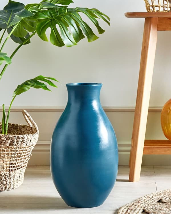 Dekorativ Vase Blå Terracotta Antik Gulvbordsvase til Tørrede Blomster