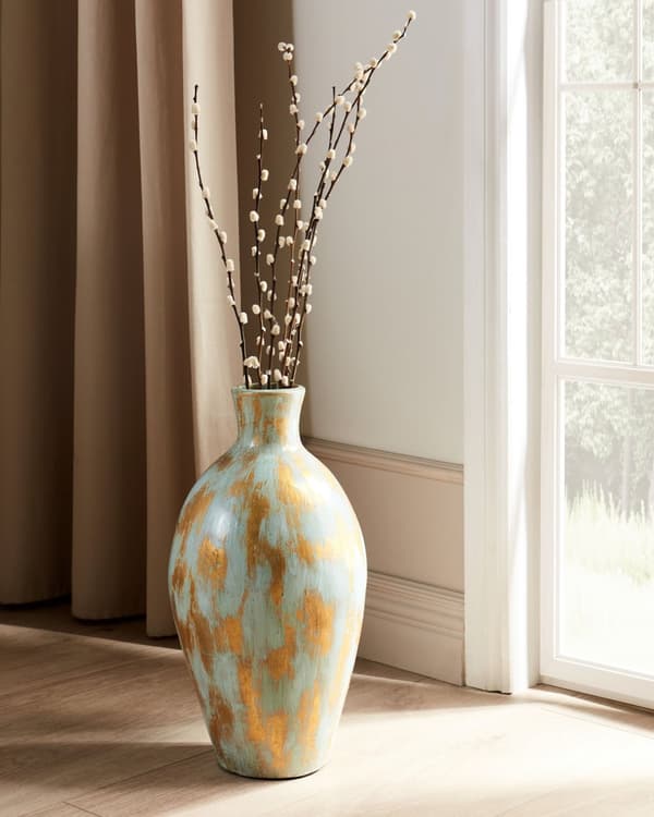 Dekorativ Vase Blå og Guld Terracotta Antik Finish Naturlig Stil Tørrede Blomster