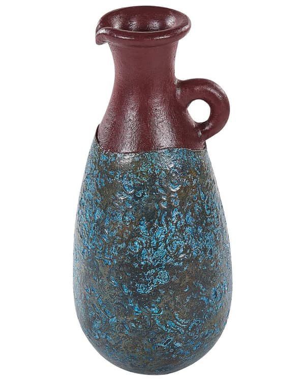 Vase Blå Brun Terrakotta 40 cm Håndlaget Malt Vintage design Retro Tilbehør Dekorasjon