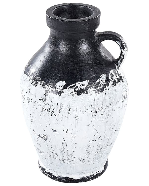 Prydnadsvas Svart och Vit Terrakotta 33 cm Handgjord Målad Retro Vintage-inspirerad Design