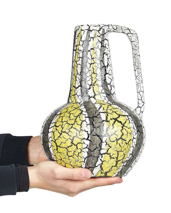 Koristemaljakko monivärinen 34 cm terrakotta käsintehty kahvalla raidallinen rustiikkinen