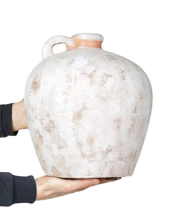 Koristemaljakko valkoinen beige 31 cm terrakotta käsintehty pyöreä kulunut viimeistely kahva perinteinen