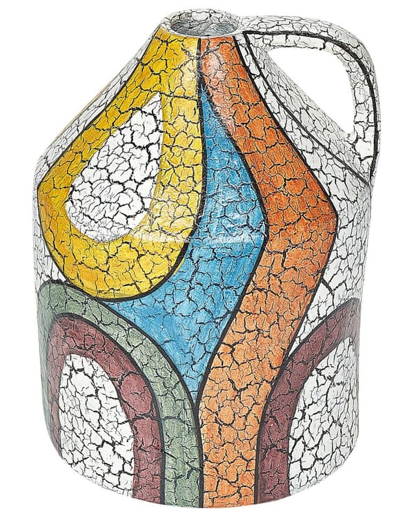 Dekorativ vase flerfarvet 38 cm terrakotta håndlavet abstrakt mønster med hank rustik
