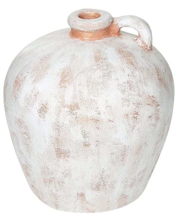Dekorativ vase hvid beige 31 cm terracotta håndlavet rund slidt finish håndtag traditionel