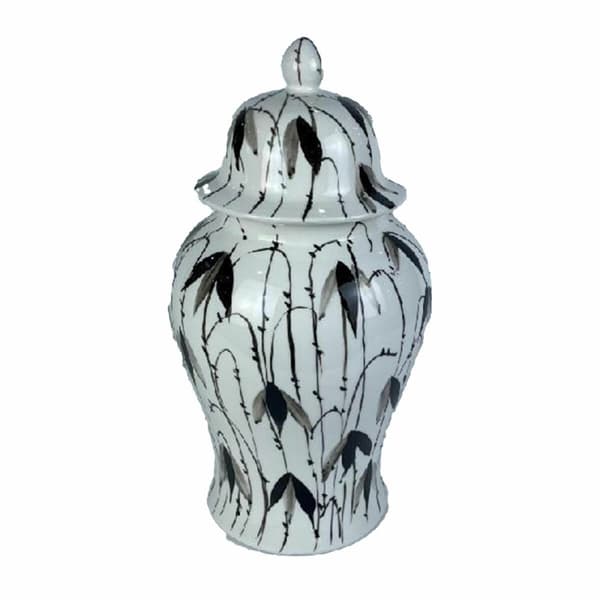Keramikskål DKD Home Decor Porslin Svart Vit Orientalisk Löv av en växt (22 x 22 x 42 cm)