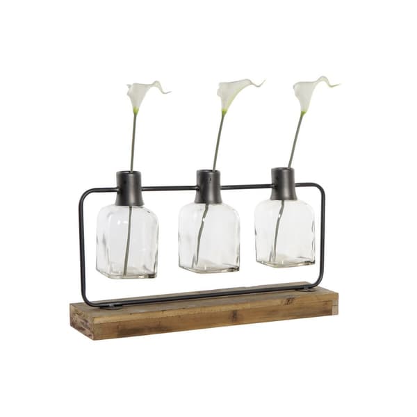 Vas DKD Home Decor Svart Naturell Metall Glas Paulowniaträ 49 x 11 x 27 cm (3 Delar)
