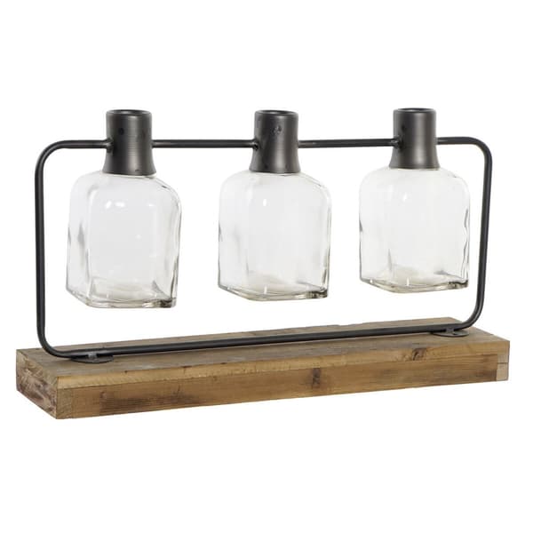 Vas DKD Home Decor Svart Naturell Metall Glas Paulowniaträ 49 x 11 x 27 cm (3 Delar)