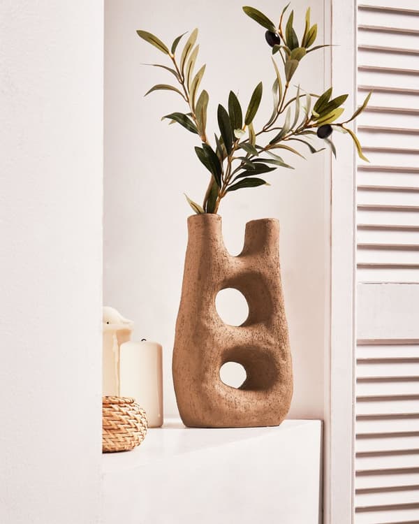 Blomstervase Brun Steintøy 27 cm Abstrakt form Vanntett Retro design Dekorasjon Interiør