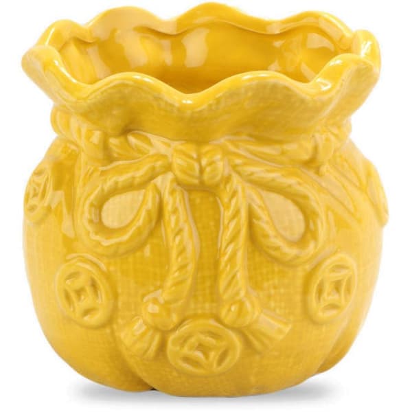 Keramisk vase-sparegris i form af en pung, gul