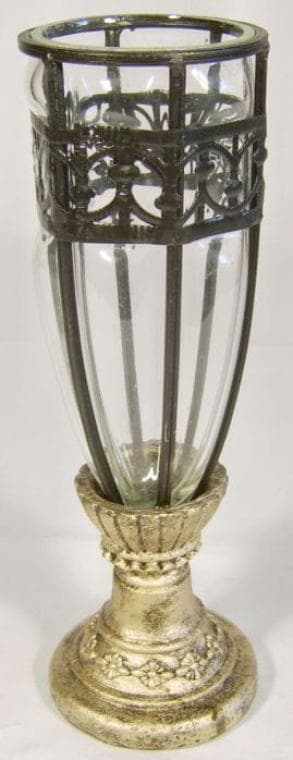 Glasvas med svart metallarbete på guldbotten, 28x8 cm