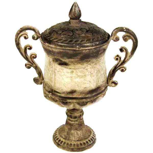 Imponerende dekorativ urne lavet af metal, cremebrun, 32x28 cm, med håndtag og låg