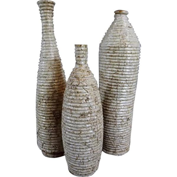 Cremefarvet stenvase med striber, 37x10 cm