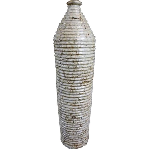 Cremefarvet stenvase med striber, 37x10 cm