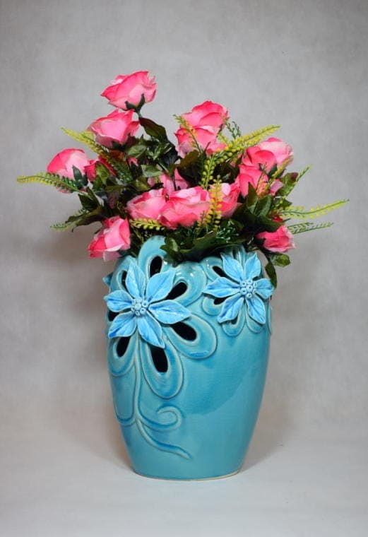 Turkis vase med blomstermotiv med antik finish, 32 cm