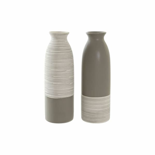 Vase DKD Home Decor Striber Hvid Keramik Brun Flødefarvet (9,5 x 9,5 x 28,5 cm) (2 enheder)