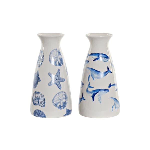 Vase DKD Home Decor Stjerne Hvid Himmelblå Marine Marineblå Stentøj Middelhavet Hval (2 enheder) (16 x 16 x 31 cm)