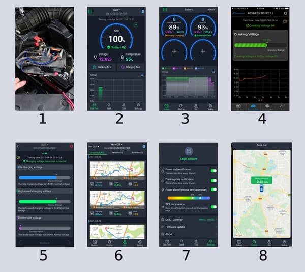 AKUN VALVONTA-TESTARI Laturi + GPS-seurantasovellus iOS Android BT