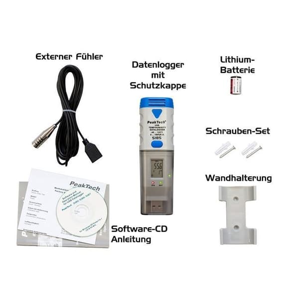 PeakTech USB temperaturregistrator med PC-programvara och extern sensor för 32000 mätvärden