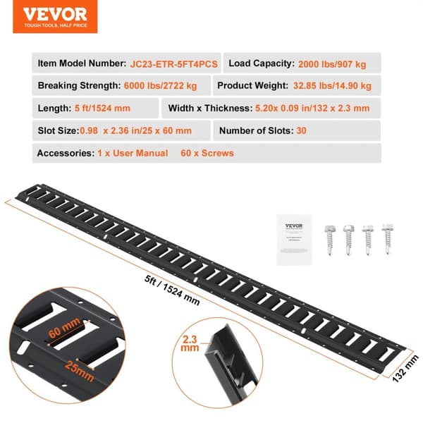 E Spor Bind Ned Skinne Kit, 2000 lbs Belastningskapacitet, 5 ft Længde,5 fod