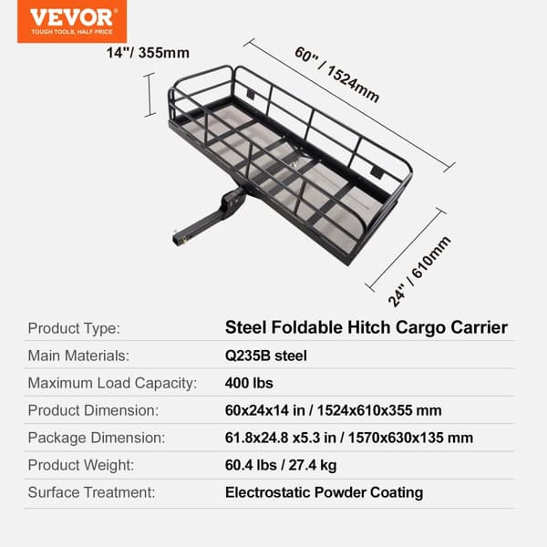Hitch Cargo Carrier, Høj Belastningskapacitet 500 lbs, Foldbart Stål Design,60 x 24 x 14 tommer