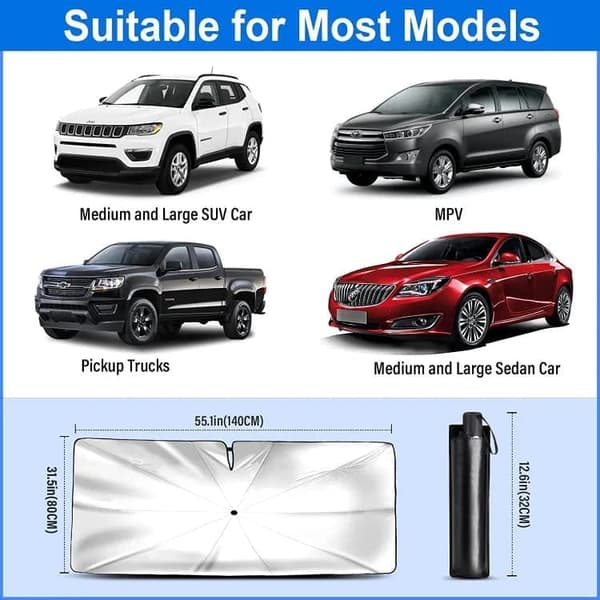 Lollanda Car Sunshade 140x90 cm – foldbar forrude solskærm, UV-beskyttelse og varmeisolering