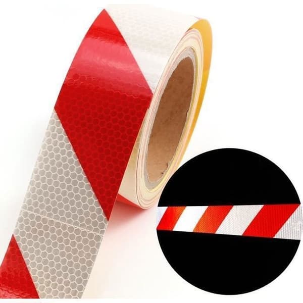10m x 5cm Självhäftande tejp Reflextejp Ljusröd + vit färg