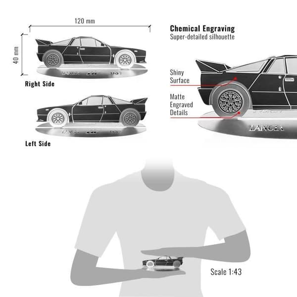 Dekorationsobjekt - Lancia - HF 037 - Silhuettbil Graverad - Rostfritt Stål - Transparent Vitrin