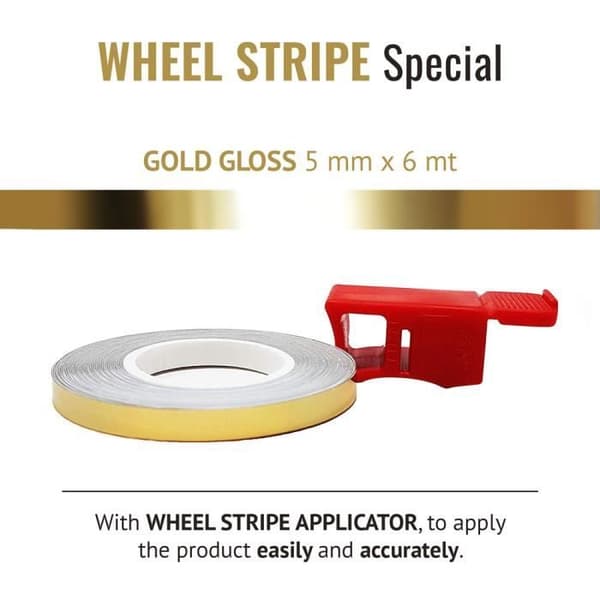 Wheel Stripes Racing självhäftande remsor för motorcykelfälgar med applikator, glansigt guld, 5 mm x 6 mt