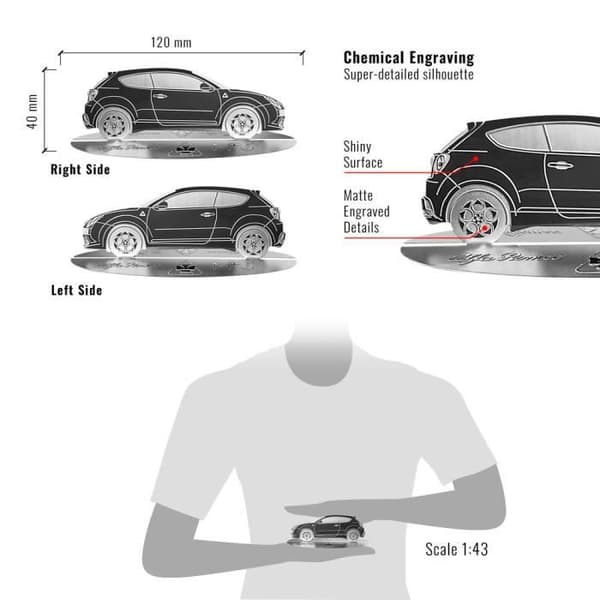 Modellskala - Alfa Romeo - Mito - Rostfritt stål - Graverad siluett - Transparent vitrinskåp