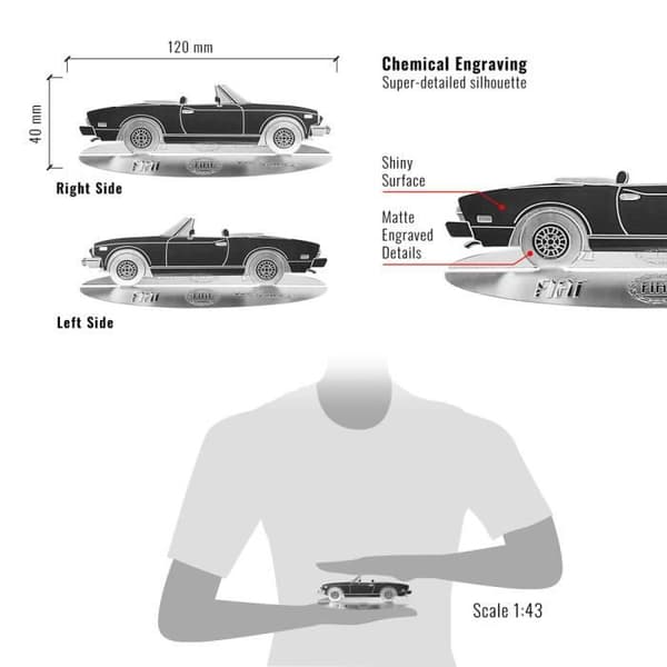 Silhuett Bil - Fiat - 124 Sport - Rostfritt Stål - Transparent Vitrin - Självbärande Bas
