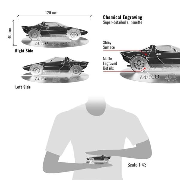 Silhuett i Rostfritt Stål - Lancia - Strato's - Exakta Detaljer - Transparent Vitrin - Självbärande Bas