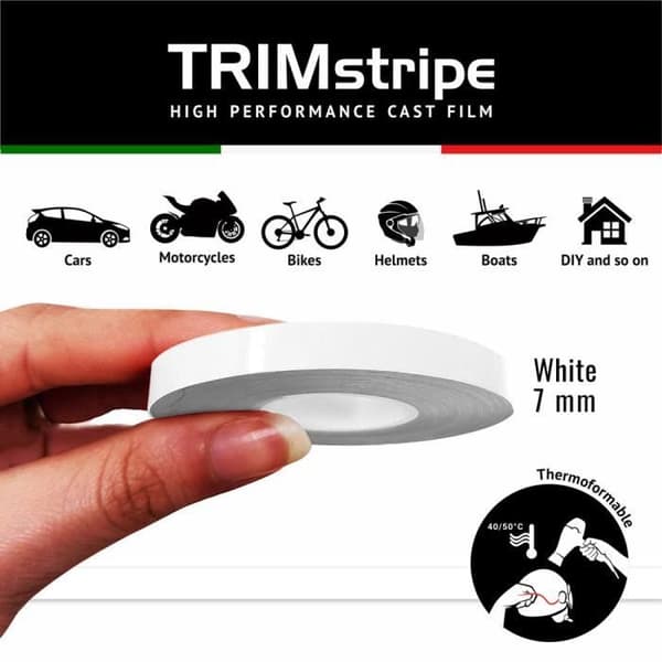 Klistreband - Trim-striper - 7 mm x 10 mt - CAST-vinyl - Termoformbar - Hvit