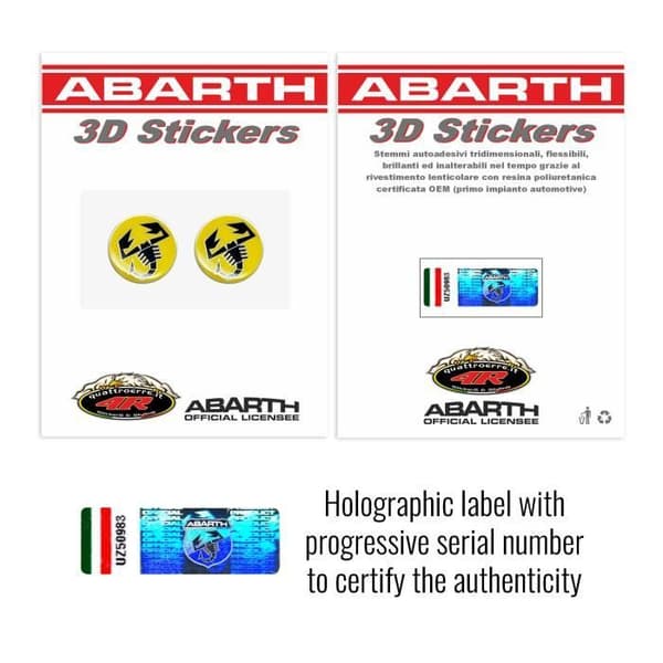 3D-dekal - Abarth - Skorpion - Gul - Diameter 21 mm - 2 stycken