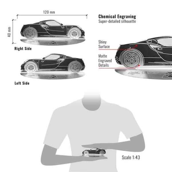 Alfa Romeo 4C graverad bilsiluettmodell i rostfritt stål