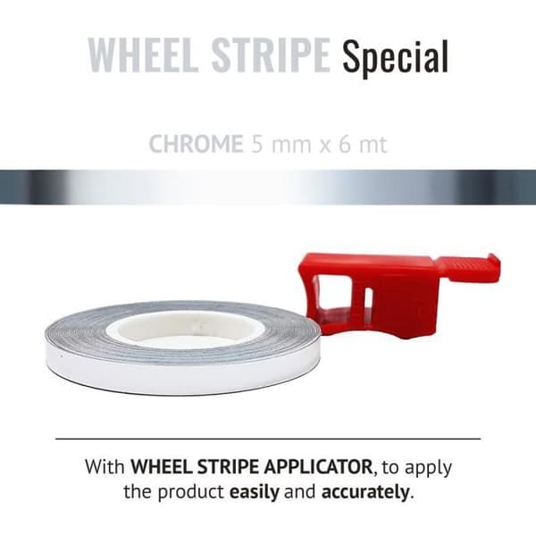 Wheel Stripes Racing självhäftande remsor för motorcykelfälgar med applikator, krom, 5 mm x 6 mt