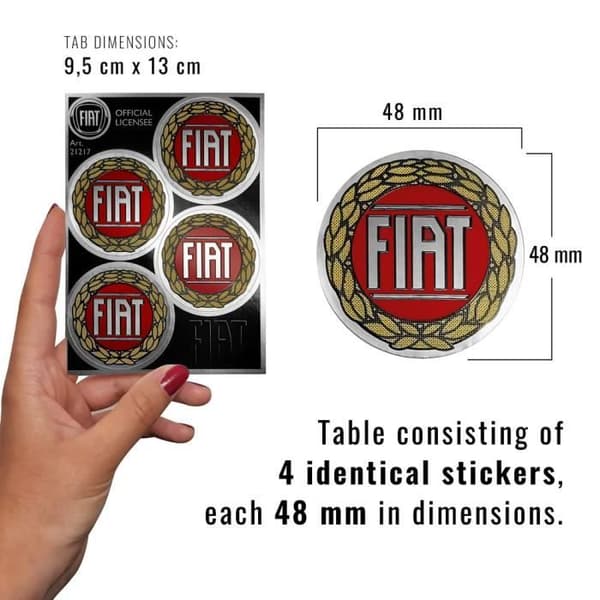 Officiella Fiat-klistermärken, 4 gamla röda logotyper, diameter 48 mm