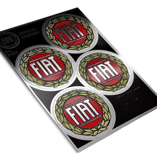 Officiella Fiat-klistermärken, 4 gamla röda logotyper, diameter 48 mm