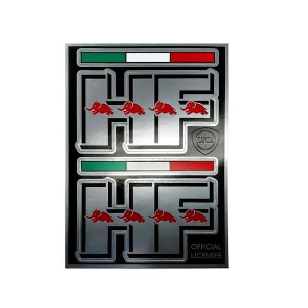 Lancia officiella HF-klistermärken, 2 svarta logotyper 2 flaggor, bord 94 x 131 mm