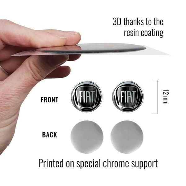 3D Fiat Official Logo Sticker Svart, Diameter 12 mm, 2 stycken