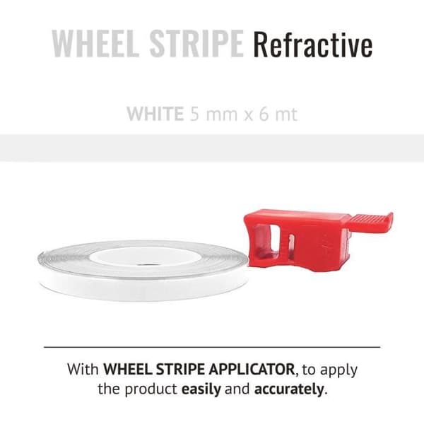 Reflekterande Klistret Band - Ej Specificerat - Motorcykel Fälgar - Vit - 5 mm x 6 mt - Applicator Inkluderad