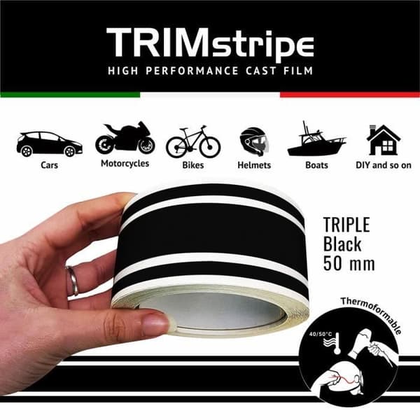 Trim Stripes Trippla Kleband för Bilar, Svart, 50 mm x 10 mt