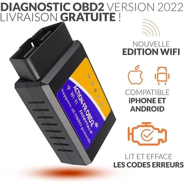 OBD2 WiFi + franskt stöd 7/7J - LÄSER OCH RADERAR FELkoder! Alla FORDON - WiFi Android IPHONE - Fransk säljare
