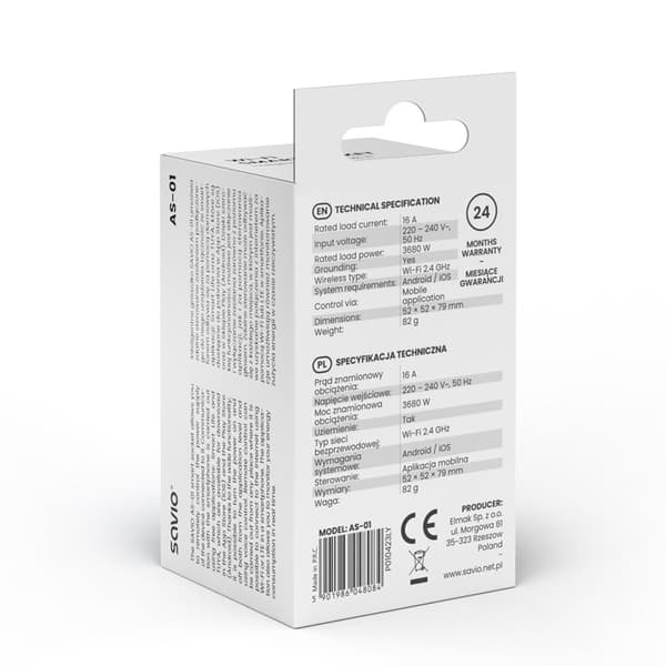 SAVIO WI-FI smart stikkontakt, 16A, AS-01, Hvid
