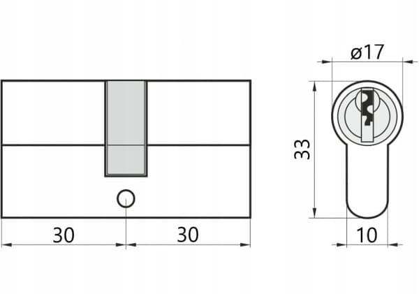 Cylinderindsats 30/30 mm Satineret nikkel + 3 nøgler