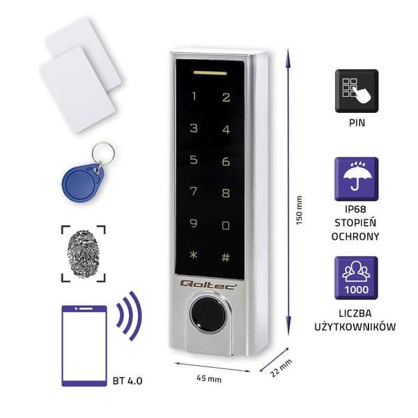 Qoltec 52448 Kodelås TITAN med fingeraftrykslæser | RFID | BT 4.0 | Kode | Kort | nøglesender | Dørklokke | IP68 | EM