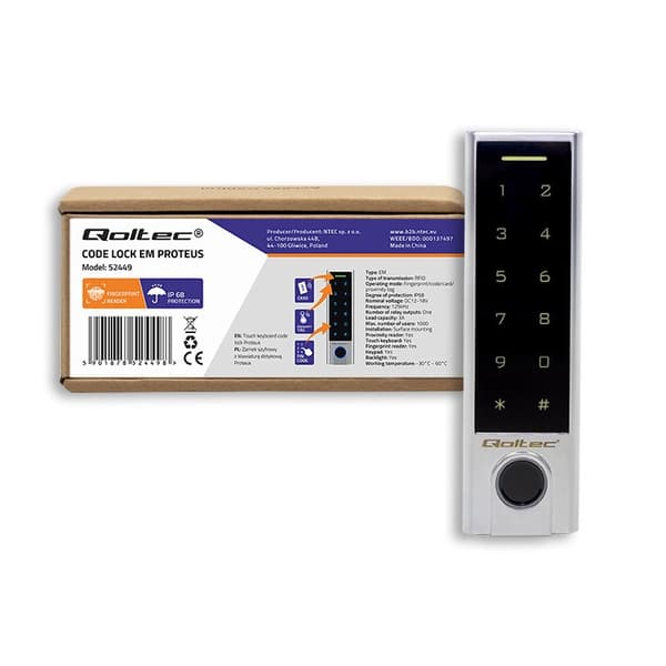 Qoltec 52449 Kodelås PROTEUS med fingeraftrykslæser | RFID | Kode | Kort | nøglesender | Dørklokke | IP68 | EM