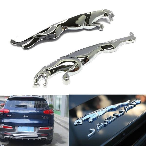 Chrome Jaguar Leaping Cat Metal Badge Emblem 95mm x 20mm (1 Pair)