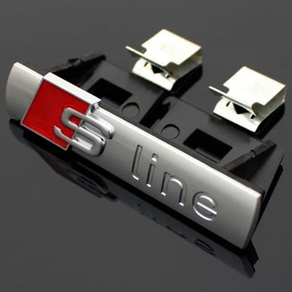 Audi ABS S Line Grill Badge Emblem Silver/ Red For All S, Q, A, RS Ranges S line 70mm x 15mm