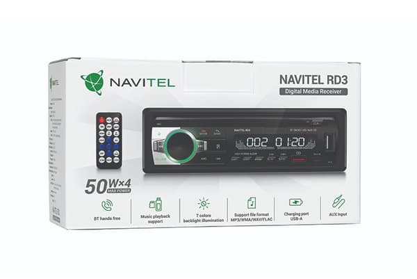 Player Auto Navitel RD3, 1DIN 4?50 watt, Bluetooth 4.0 cu suport A2DP, HFP, FM, redare FLAC, MP3, WMA, WAV, AUX input, microSD 256GB, 2x USB, RCA-out,