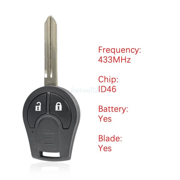 2 Button Remote Key Fob + Chip 433Mhz For Nissan Micra K13 2013 2014 2015 2016